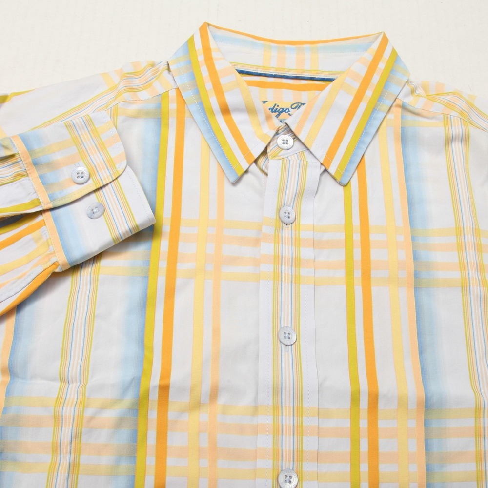 Indigo Palms Shirt Mens Large Yellow Blue Plaid Long Sleeve Button Up Cotton